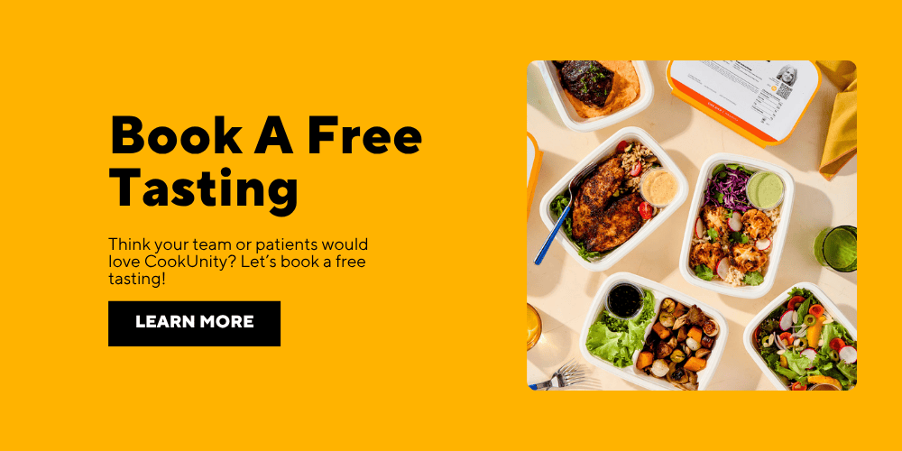 Fresh chef-prepared meals in white containers from CookUnity's medically tailored meal program