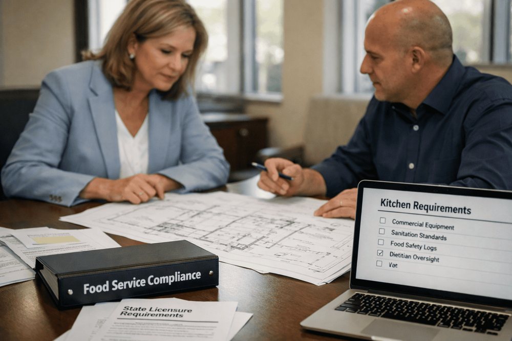 Healthcare executives reviewing kitchen requirements and food service compliance documents during residential treatment center planning