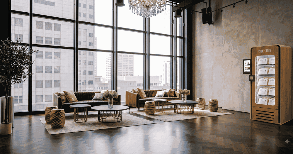 CookUnity smart fridge installed in a luxury high-rise apartment building lobby with floor-to-ceiling windows, crystal chandelier, and city skyline views
