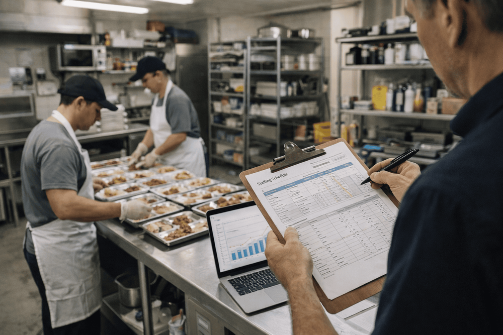 Commercial kitchen operations in a residential behavioral health facility showing staffing and equipment overhead that impact food service costs