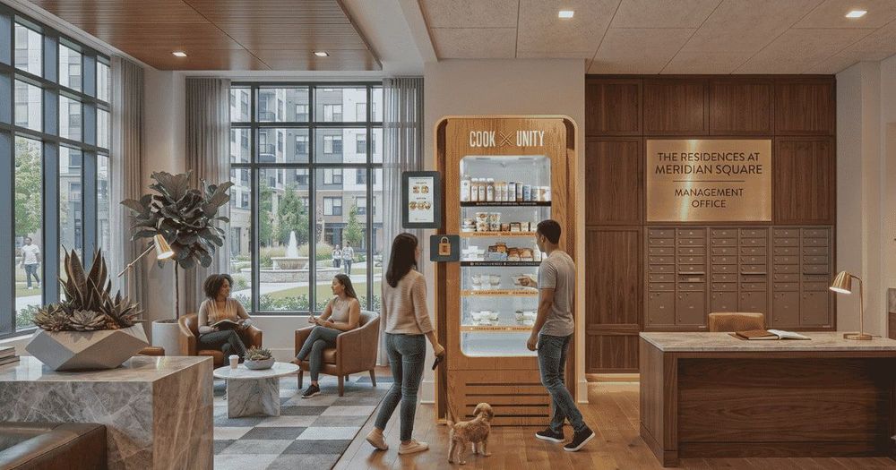 Residents accessing a CookUnity smart fridge in a luxury apartment building lobby next to a management office with no staff involvement required