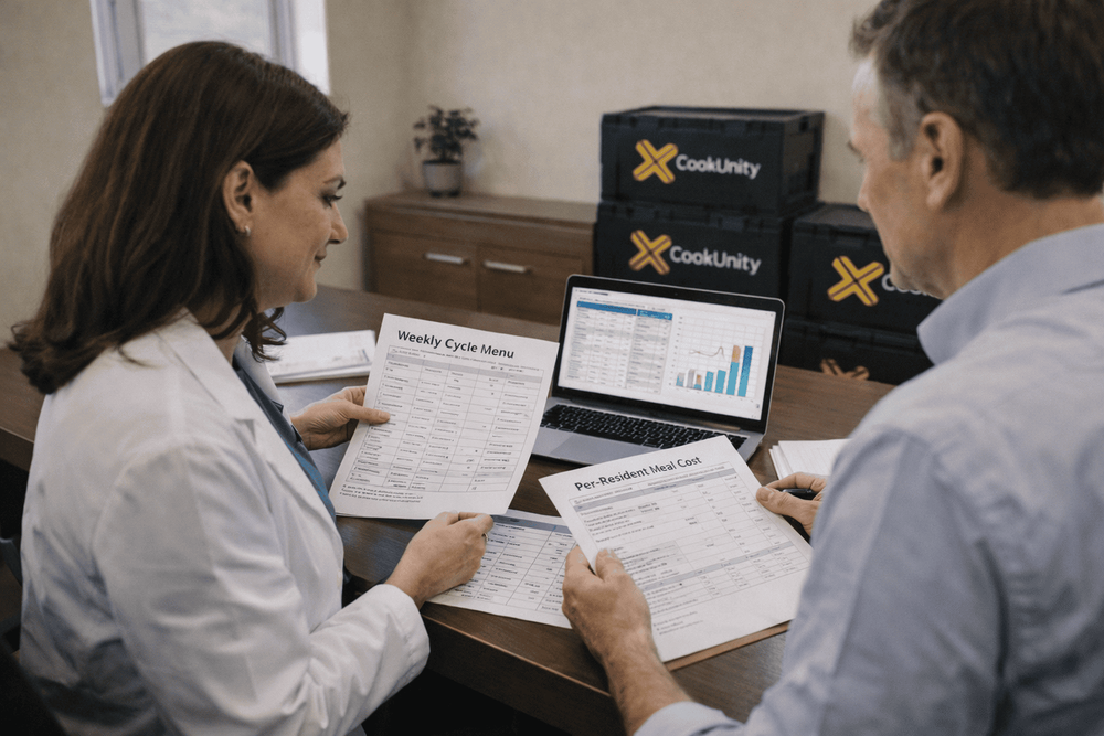 Registered Dietitian reviewing cycle menus and documentation to support compliant, cost-controlled food service in a residential behavioral health program