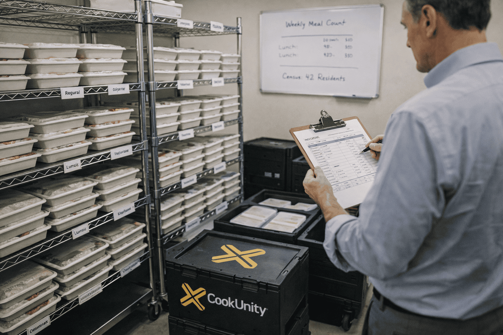 Organized meal storage system with labeled portions supporting predictable food service costs in a residential behavioral health program