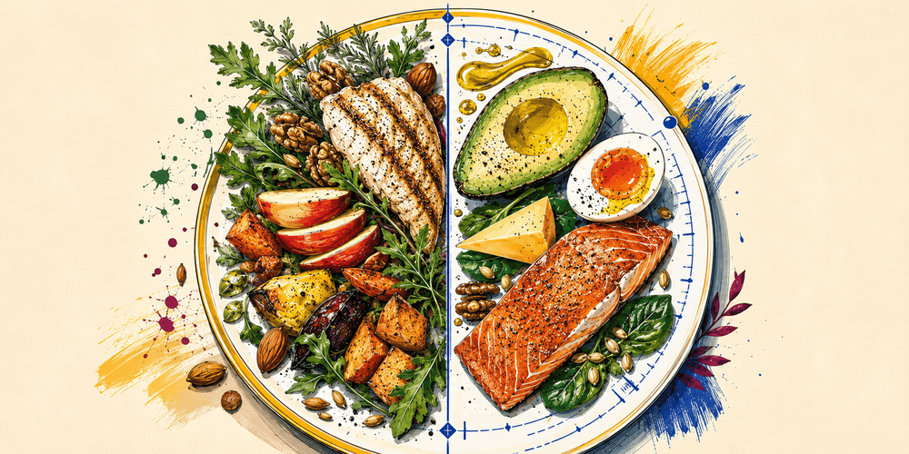 Illustrated split dinner plate comparing paleo and keto diets, with whole foods like chicken, apples, nuts, and vegetables on one side and low-carb keto foods like avocado, egg, cheese, salmon, and greens on the other.